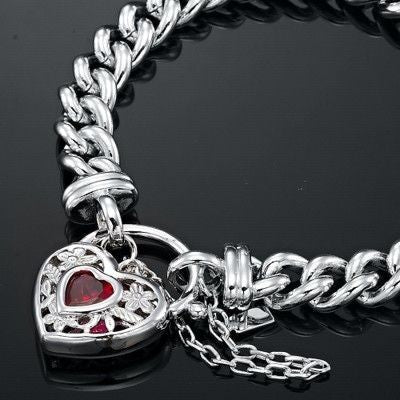 925 Sterling Silver Plated  Euro Chain Bracelet with a Filigree Locket Featuring a Simulated Ruby - USA Made