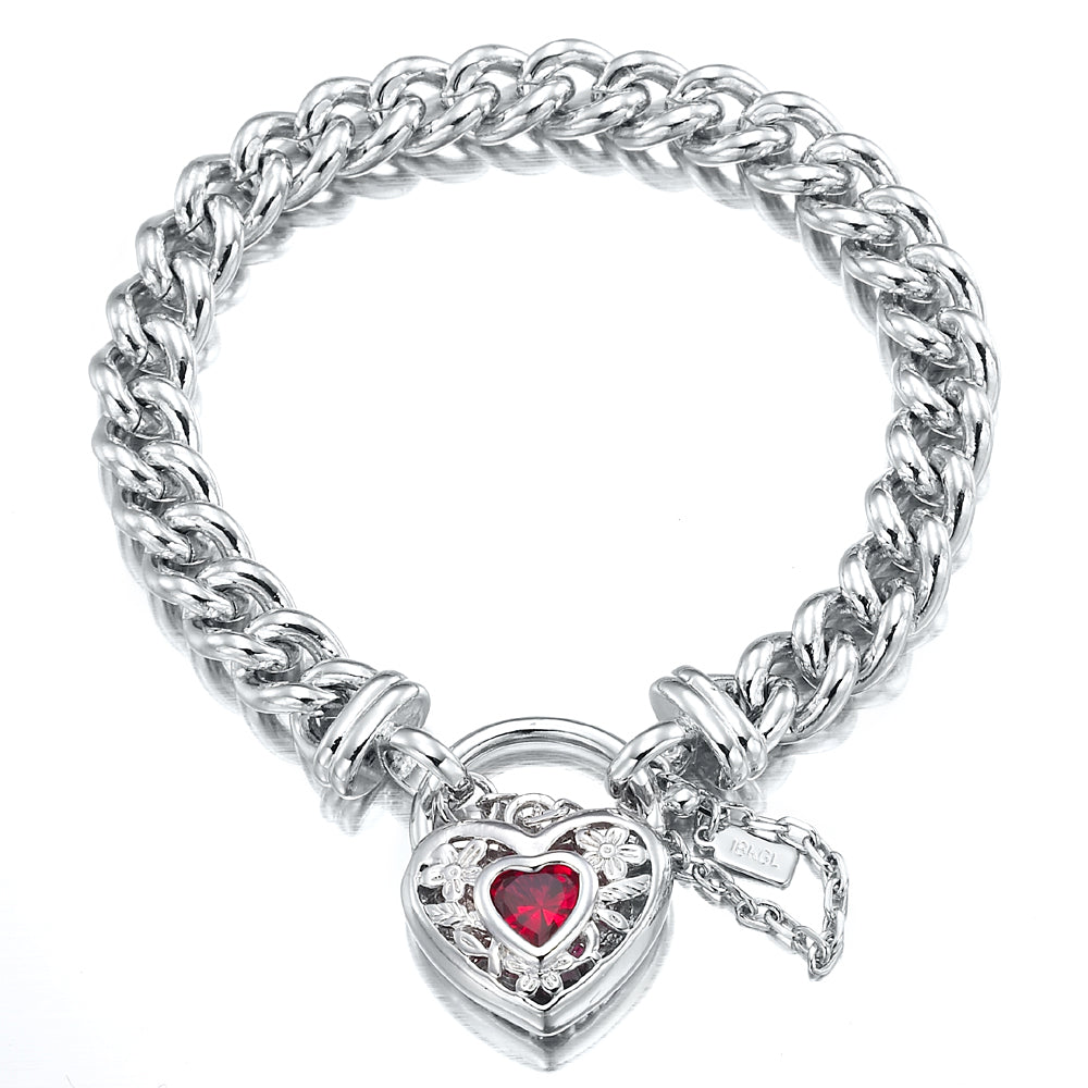 925 Sterling Silver Plated  Euro Chain Bracelet with a Filigree Locket Featuring a Simulated Ruby - USA Made