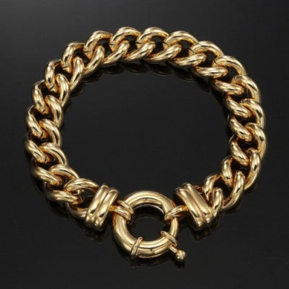 18ct Heavy Yellow Gold Plated 12mm Euro Curb Chain Bracelet with Bolt Clasp - USA Made