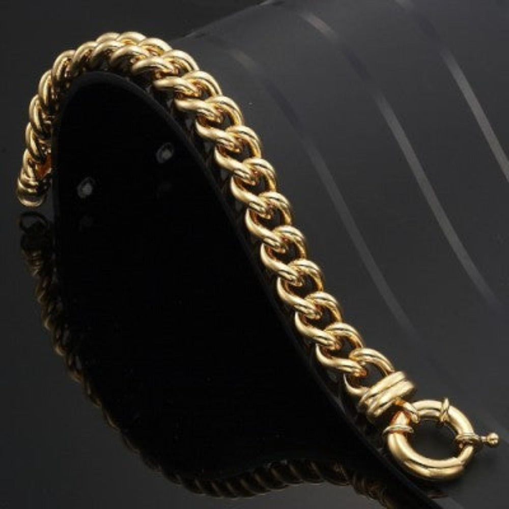 18ct Heavy Yellow Gold Plated 12mm Euro Curb Chain Bracelet with Bolt Clasp - USA Made