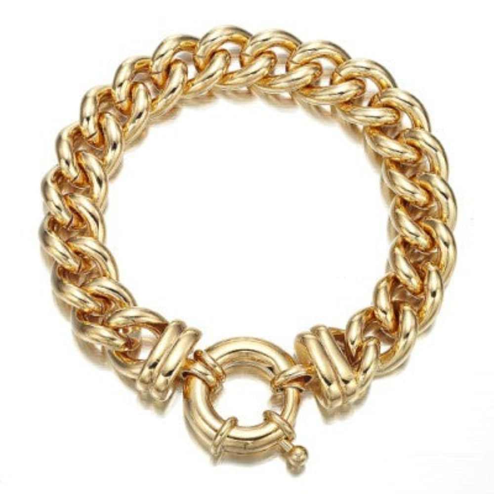 18ct Heavy Yellow Gold Plated 12mm Euro Curb Chain Bracelet with Bolt Clasp - USA Made