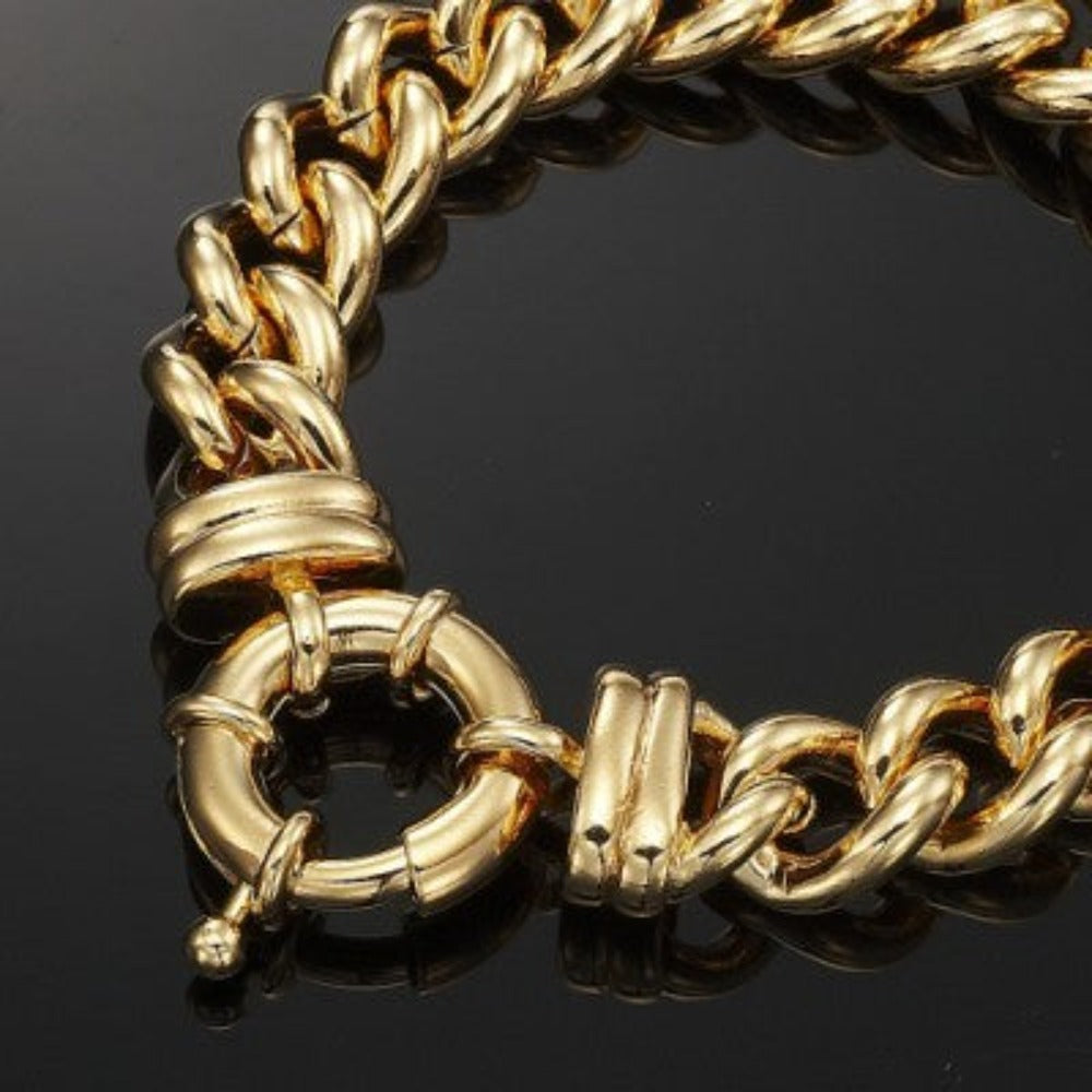 18ct Heavy Yellow Gold Plated 12mm Euro Curb Chain Bracelet with Bolt Clasp - USA Made