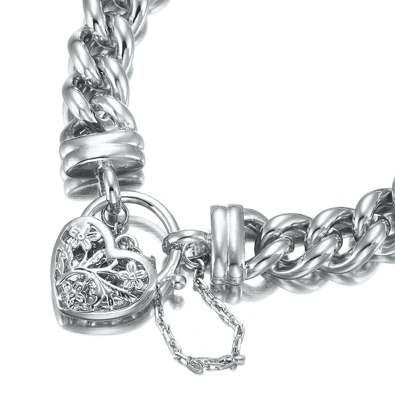 925 Sterling Silver Plated 12mm Euro Curb Chain Bracelet with a Filigree Locket - USA Made