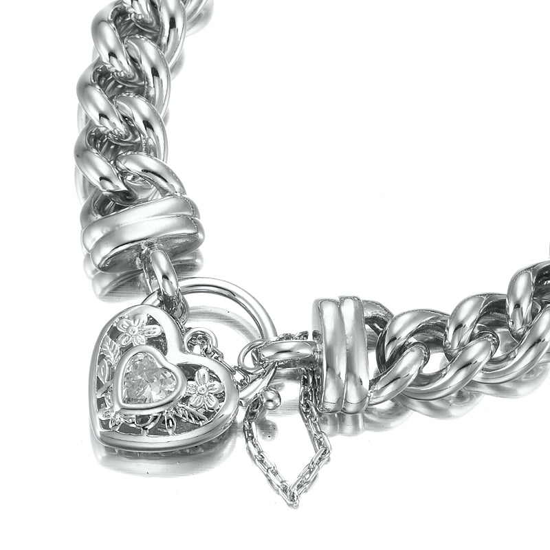 925 Sterling Silver Plated 12mm Euro Curb Chain Bracelet with a Filigree Locket Featuring a Simulated Diamond - USA Made