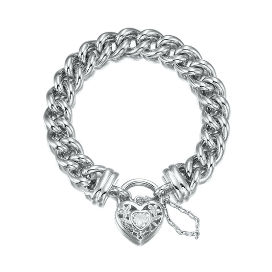 925 Sterling Silver Plated 12mm Euro Curb Chain Bracelet with a Filigree Locket Featuring a Simulated Diamond - USA Made