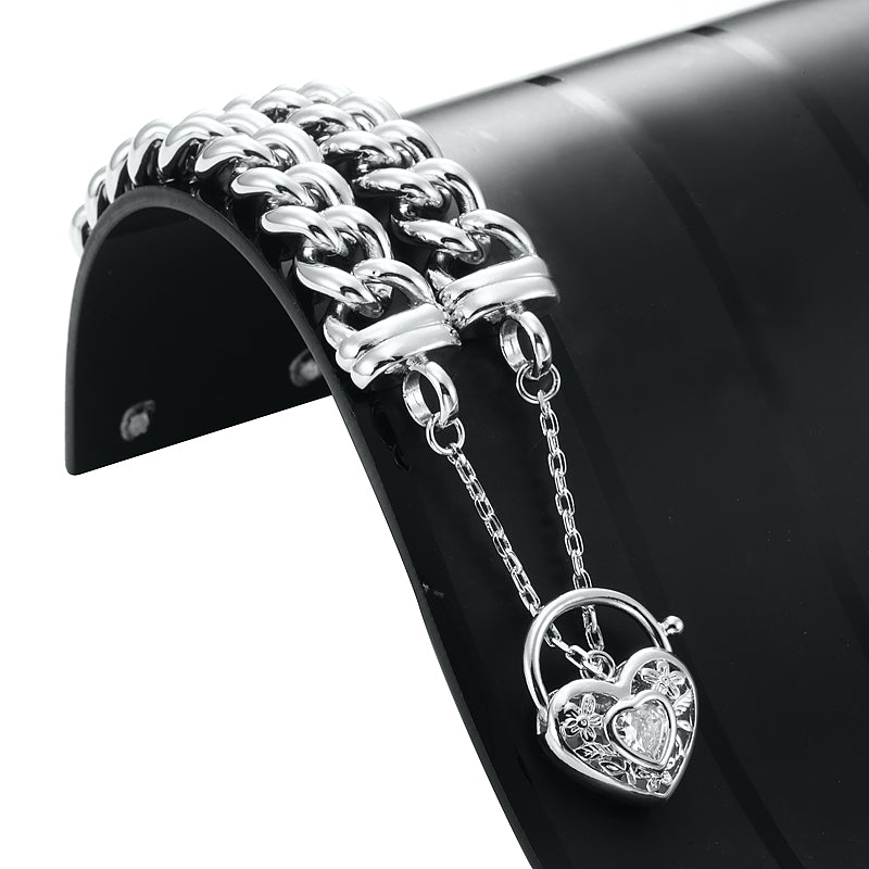 925 Sterling Silver Plated 12mm Euro Curb Chain Bracelet with a Filigree Locket Featuring a Simulated Diamond - USA Made