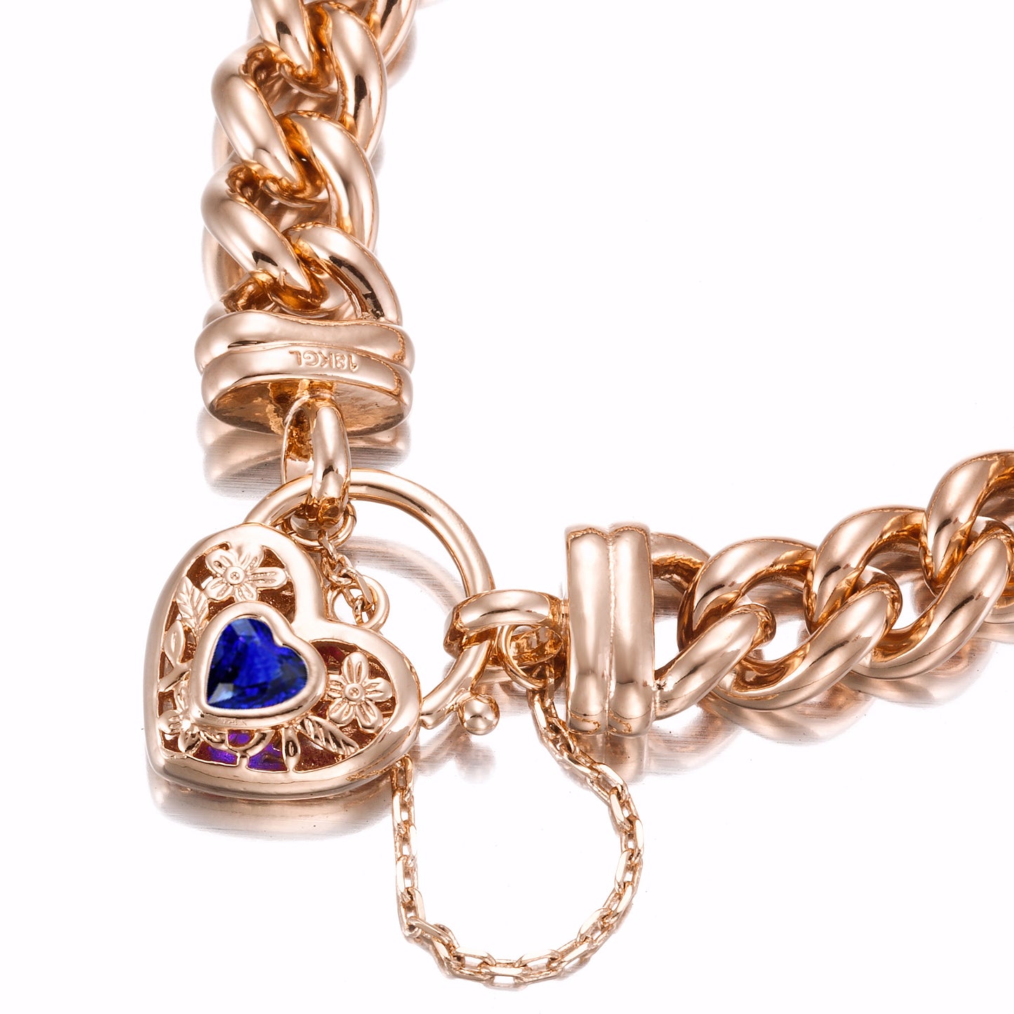 18ct Heavy Rose Gold Plated 12mm Euro Curb Chain Bracelet with a Dark Blue Filigree Locket - USA Made