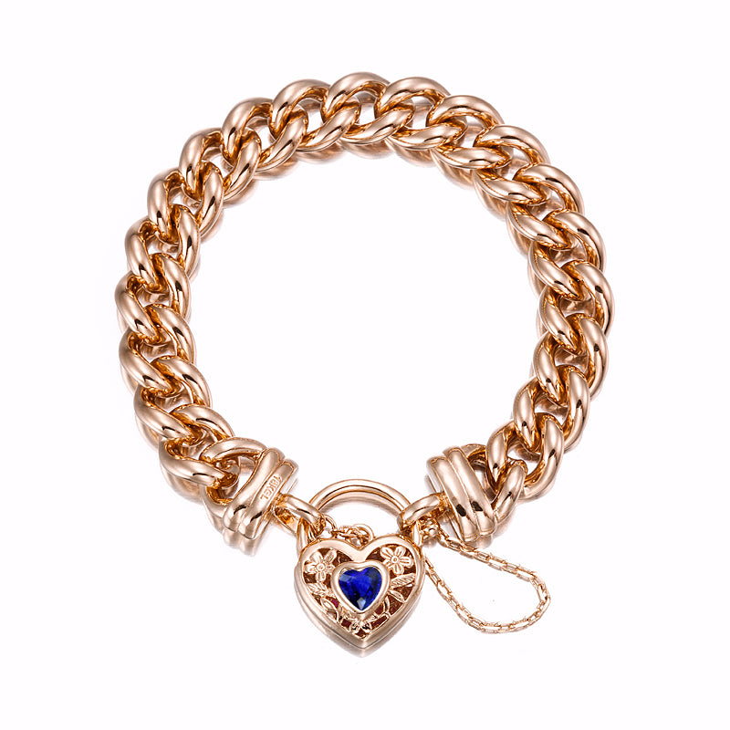 18ct Heavy Rose Gold Plated 12mm Euro Curb Chain Bracelet with a Dark Blue Filigree Locket - USA Made