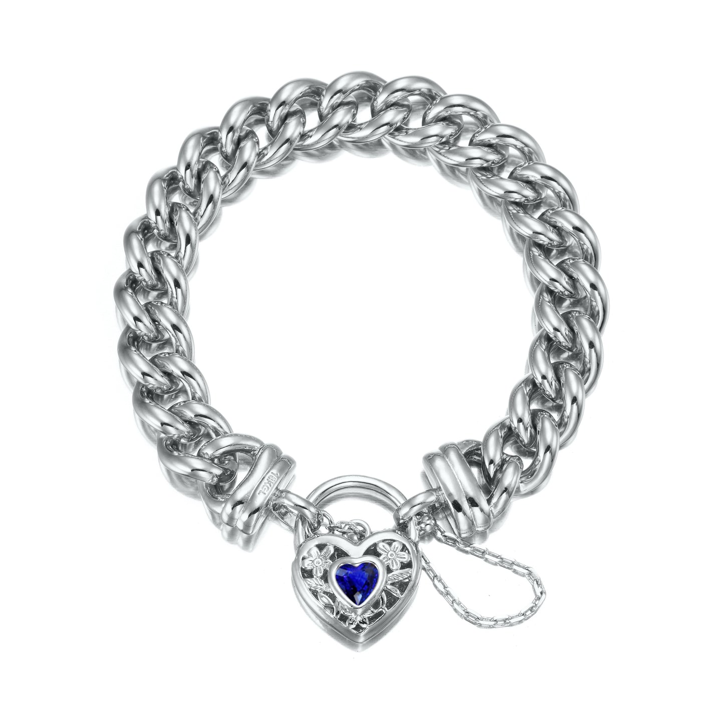 925 Sterling Silver Plated 12mm Euro Curb Chain Bracelet with a Dark Blue Filigree Locket - USA Made