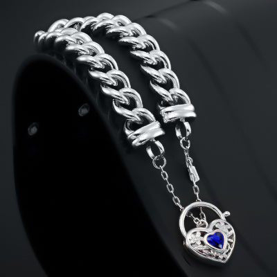 925 Sterling Silver Plated 12mm Euro Curb Chain Bracelet with a Dark Blue Filigree Locket - USA Made