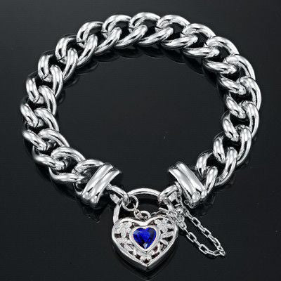 925 Sterling Silver Plated 12mm Euro Curb Chain Bracelet with a Dark Blue Filigree Locket - USA Made