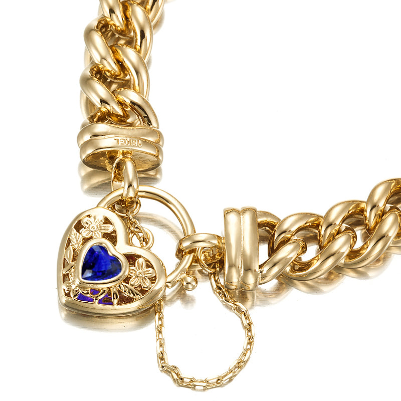 18ct Heavy Yellow Gold Plated 12mm Euro Curb Chain Bracelet with a Dark Blue Filigree Locket - USA Made