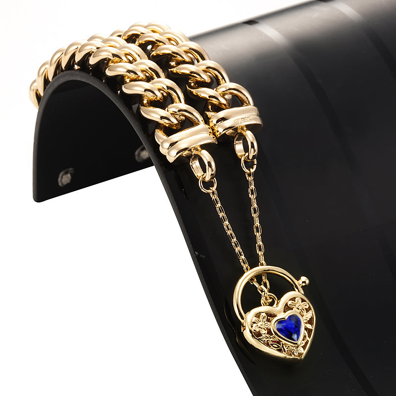 18ct Heavy Yellow Gold Plated 12mm Euro Curb Chain Bracelet with a Dark Blue Filigree Locket - USA Made