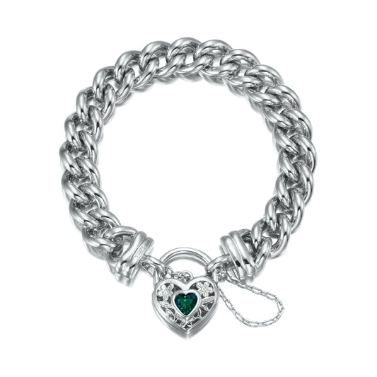 925 Sterling Silver Plated 12mm Euro Curb Chain Bracelet with a Green Filigree Locket - USA Made