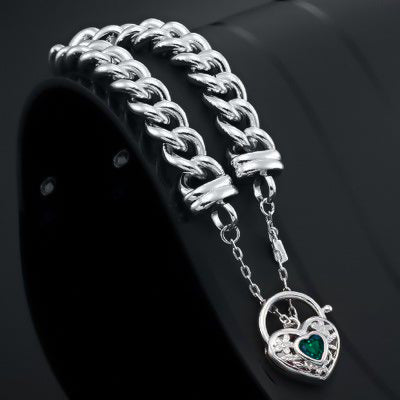 925 Sterling Silver Plated 12mm Euro Curb Chain Bracelet with a Green Filigree Locket - USA Made