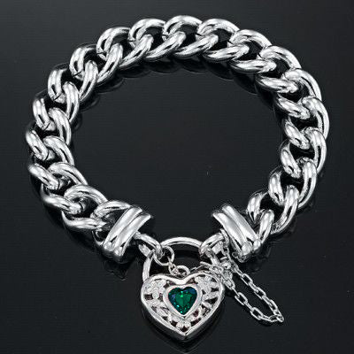 925 Sterling Silver Plated 12mm Euro Curb Chain Bracelet with a Green Filigree Locket - USA Made