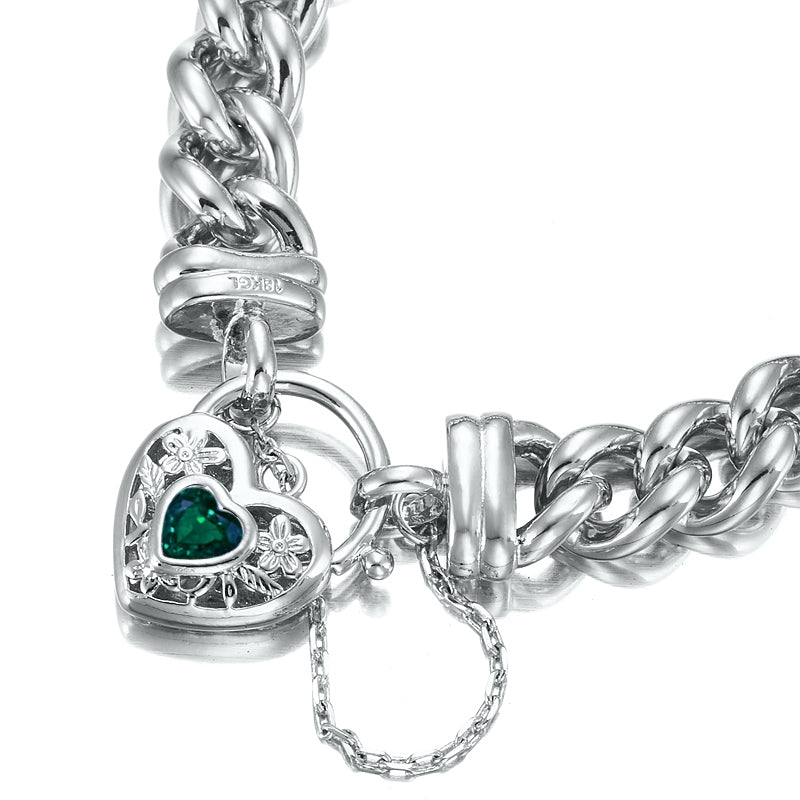 925 Sterling Silver Plated 12mm Euro Curb Chain Bracelet with a Green Filigree Locket - USA Made