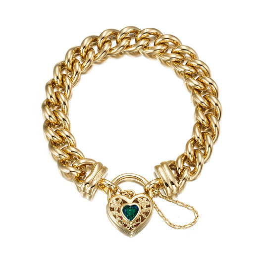 18ct Heavy Yellow Gold Plated 12mm Euro Curb Chain Bracelet with a Green Filigree Locket - USA Made