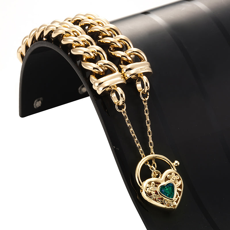 18ct Heavy Yellow Gold Plated 12mm Euro Curb Chain Bracelet with a Green Filigree Locket - USA Made