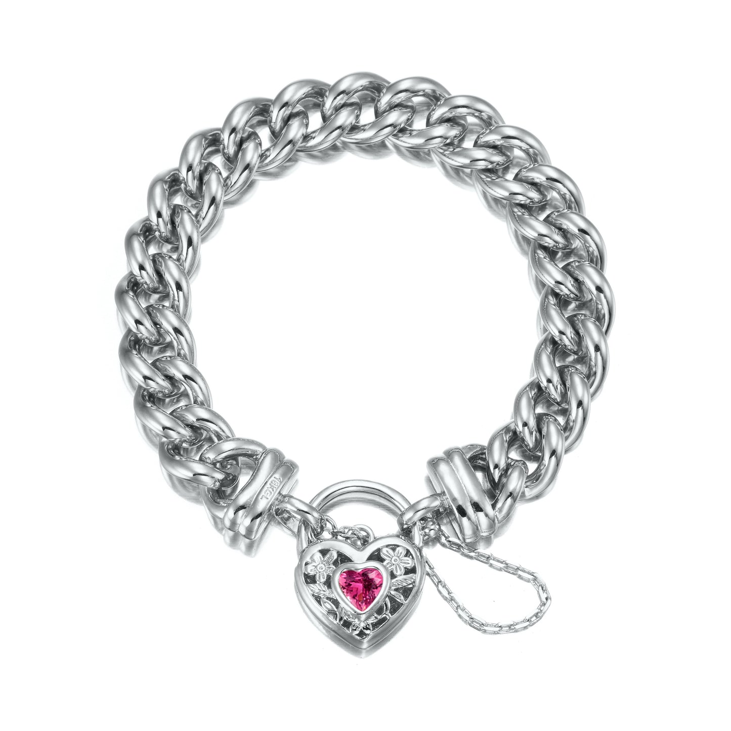 925 Sterling Silver Plated 12mm Euro Curb Chain Bracelet with a Pink Filigree Locket - USA Made