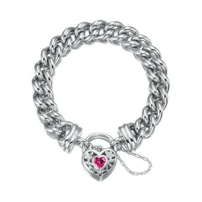 925 Sterling Silver Plated 12mm Euro Curb Chain Bracelet with a Pink Filigree Locket - USA Made