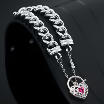 925 Sterling Silver Plated 12mm Euro Curb Chain Bracelet with a Pink Filigree Locket - USA Made