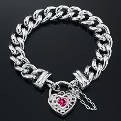 925 Sterling Silver Plated 12mm Euro Curb Chain Bracelet with a Pink Filigree Locket - USA Made