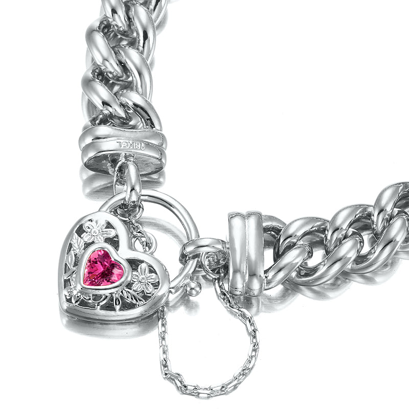 925 Sterling Silver Plated 12mm Euro Curb Chain Bracelet with a Pink Filigree Locket - USA Made