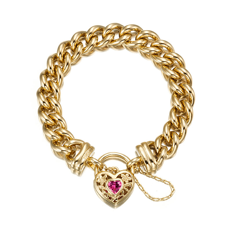 18ct Heavy Yellow Gold Plated 12mm Euro Curb Chain Bracelet with a Pink Filigree Locket - USA Made