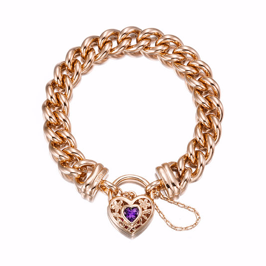 18ct Heavy Rose Gold Plated 12mm Euro Curb Chain Bracelet with a Purple Filigree Locket - USA Made