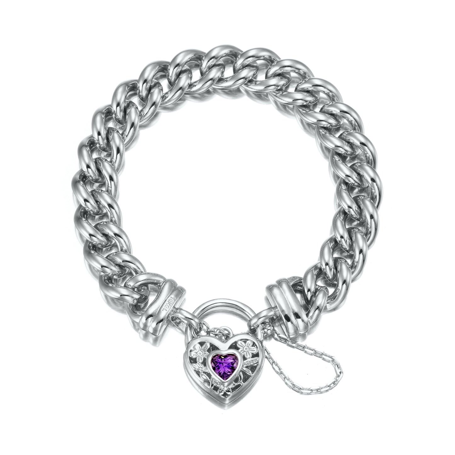 925 Sterling Silver Plated 12mm Euro Curb Chain Bracelet with a Purple Filigree Locket - USA Made