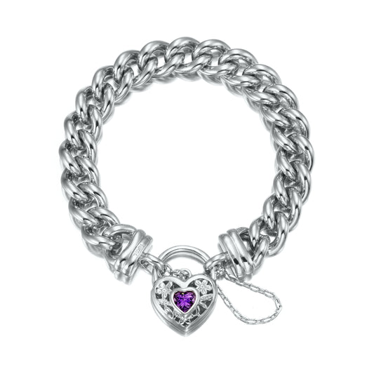 925 Sterling Silver Plated 12mm Euro Curb Chain Bracelet with a Purple Filigree Locket - USA Made