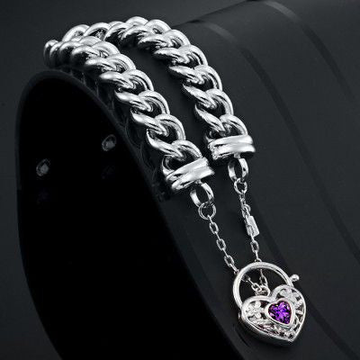 925 Sterling Silver Plated 12mm Euro Curb Chain Bracelet with a Purple Filigree Locket - USA Made