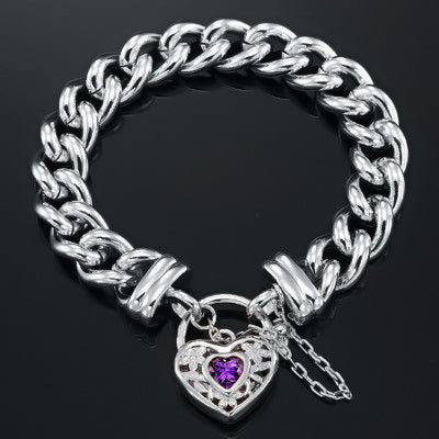 925 Sterling Silver Plated 12mm Euro Curb Chain Bracelet with a Purple Filigree Locket - USA Made