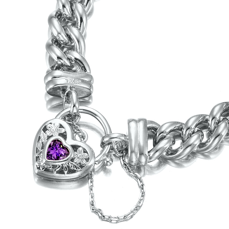 925 Sterling Silver Plated 12mm Euro Curb Chain Bracelet with a Purple Filigree Locket - USA Made