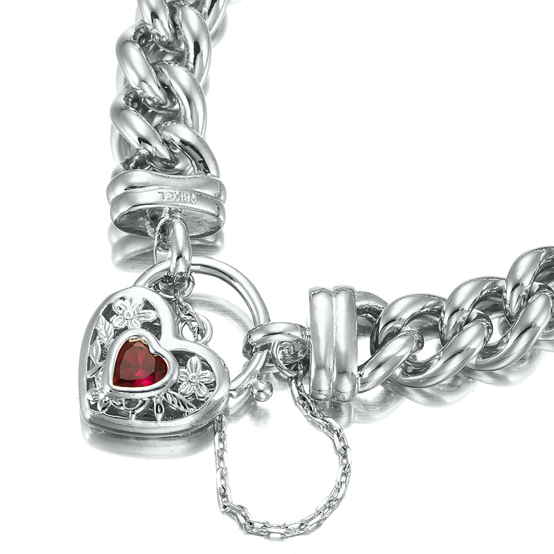 925 Sterling Silver Plated 12mm Euro Curb Chain Bracelet with a Filigree Locket Featuring a Simulated Ruby - USA Made