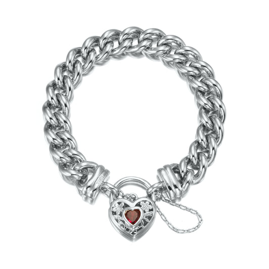 925 Sterling Silver Plated 12mm Euro Curb Chain Bracelet with a Filigree Locket Featuring a Simulated Ruby - USA Made