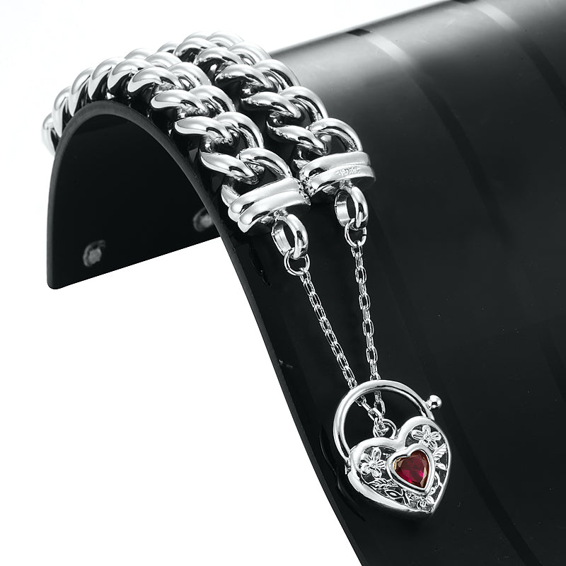 925 Sterling Silver Plated 12mm Euro Curb Chain Bracelet with a Filigree Locket Featuring a Simulated Ruby - USA Made