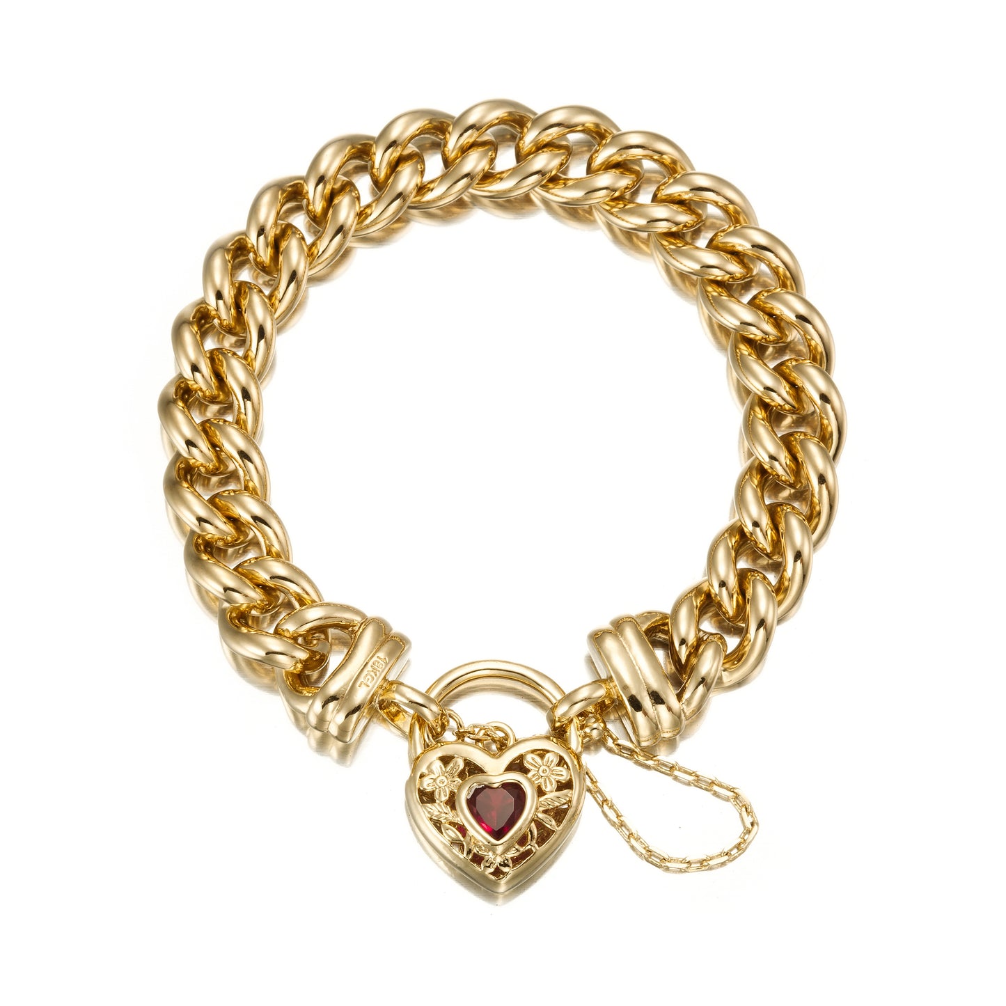 18ct Heavy Yellow Gold Plated 12mm Euro Curb Chain Bracelet with a Filigree Locket Featuring a Simulated Ruby - USA Made