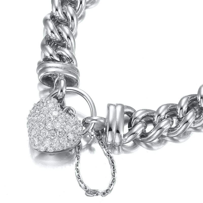 925 Sterling Silver Plated 12mm Euro Curb Chain Bracelet Featuring a Simulated Diamond Locket  - USA Made