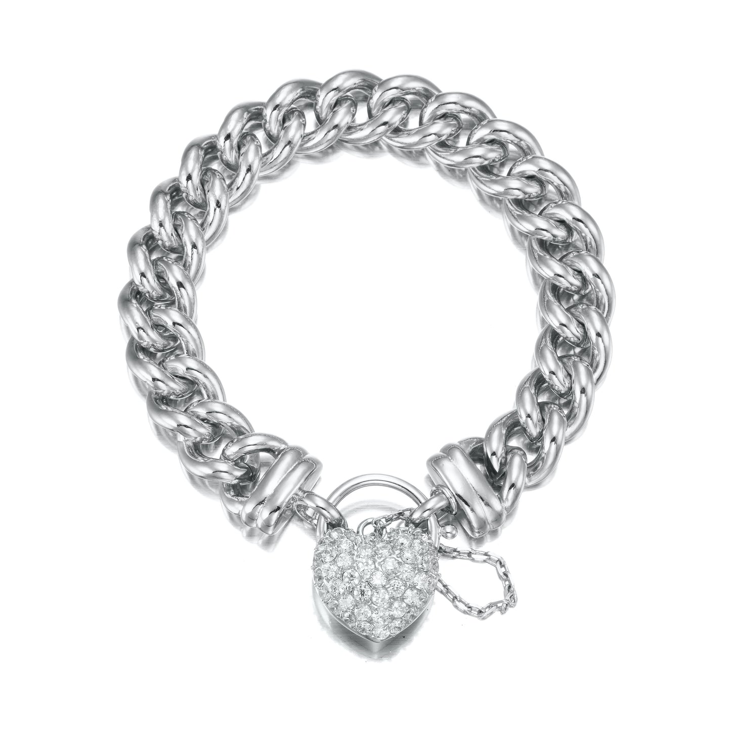 925 Sterling Silver Plated 12mm Euro Curb Chain Bracelet Featuring a Simulated Diamond Locket  - USA Made