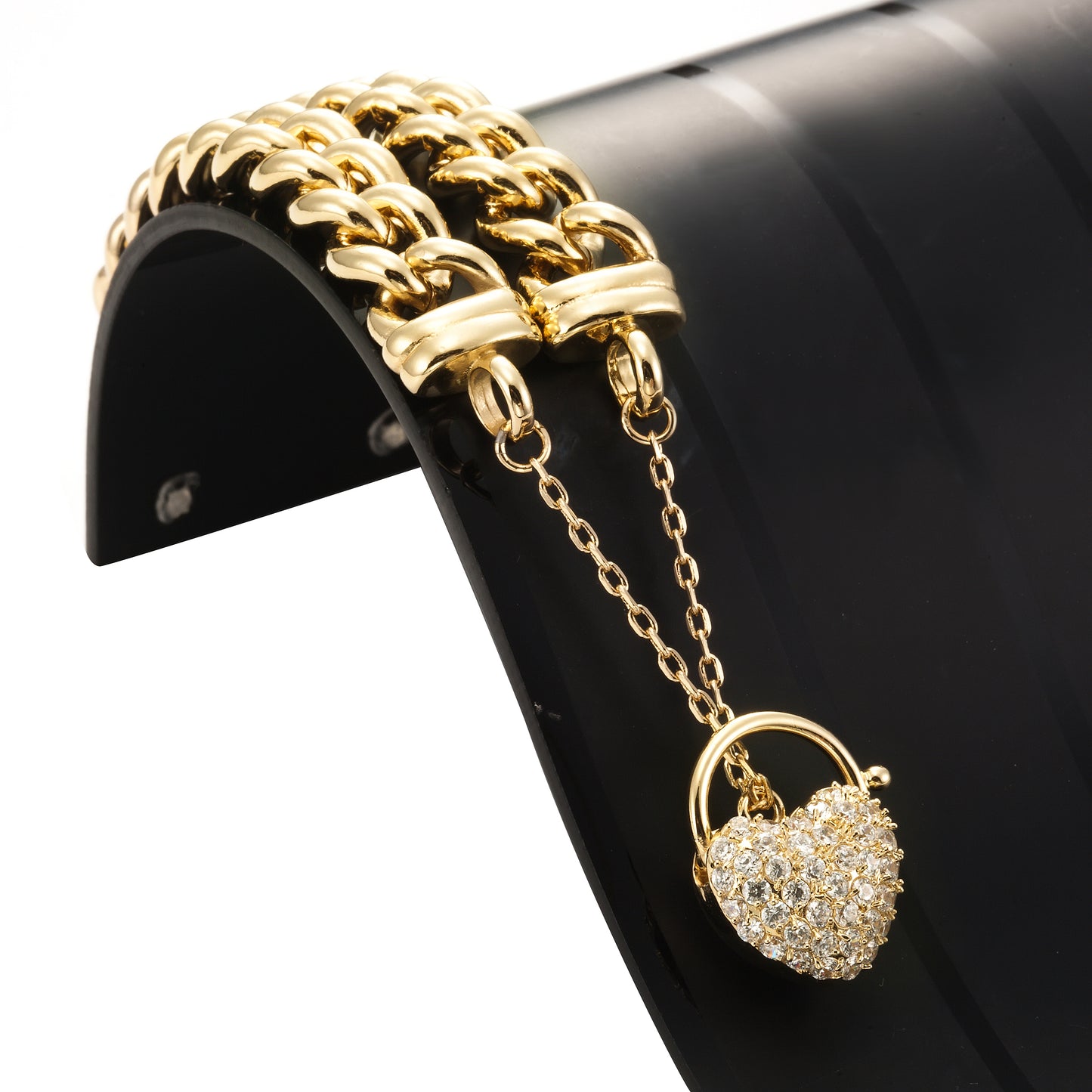 18ct Heavy Yellow Gold Plated 12mm Euro Curb Chain Bracelet Featuring a Simulated Diamond Locket  - USA Made