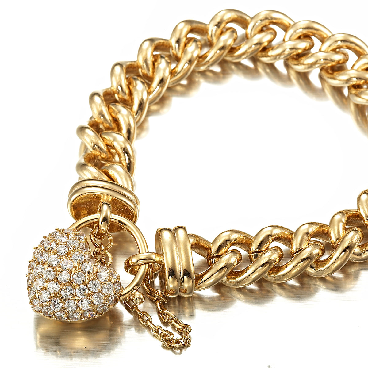 18ct Heavy Yellow Gold Plated 12mm Euro Curb Chain Bracelet Featuring a Simulated Diamond Locket  - USA Made