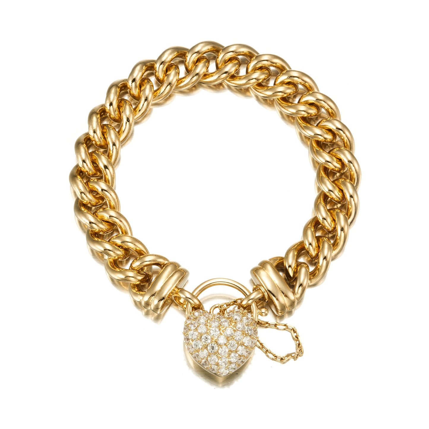 18ct Heavy Yellow Gold Plated 12mm Euro Curb Chain Bracelet Featuring a Simulated Diamond Locket  - USA Made