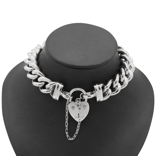 925 Sterling Silver Plated 12mm Euro Curb Chain Bracelet with a Small Plain Heart Locket - USA Made