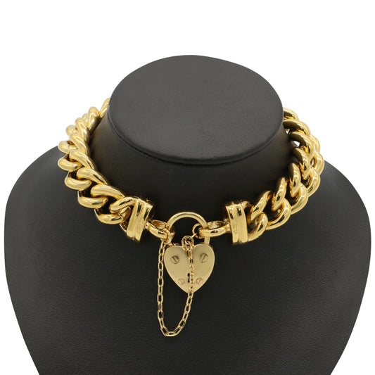 18ct Heavy Yellow Gold Plated 12mm Euro Curb Chain Bracelet with a Small Plain Heart Locket - USA Made