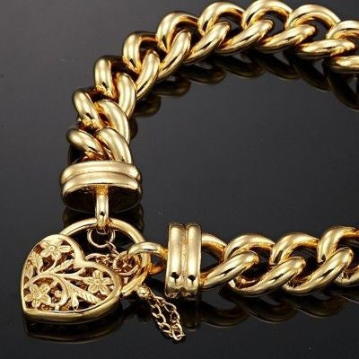 18ct Heavy Yellow Gold Plated 12mm Euro Curb Chain Bracelet with a Filigree Locket - USA Made