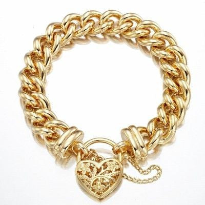 18ct Heavy Yellow Gold Plated 12mm Euro Curb Chain Bracelet with a Filigree Locket - USA Made