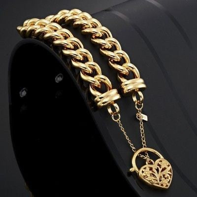 18ct Heavy Yellow Gold Plated 12mm Euro Curb Chain Bracelet with a Filigree Locket - USA Made