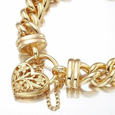 18ct Heavy Yellow Gold Plated 12mm Euro Curb Chain Bracelet with a Filigree Locket - USA Made